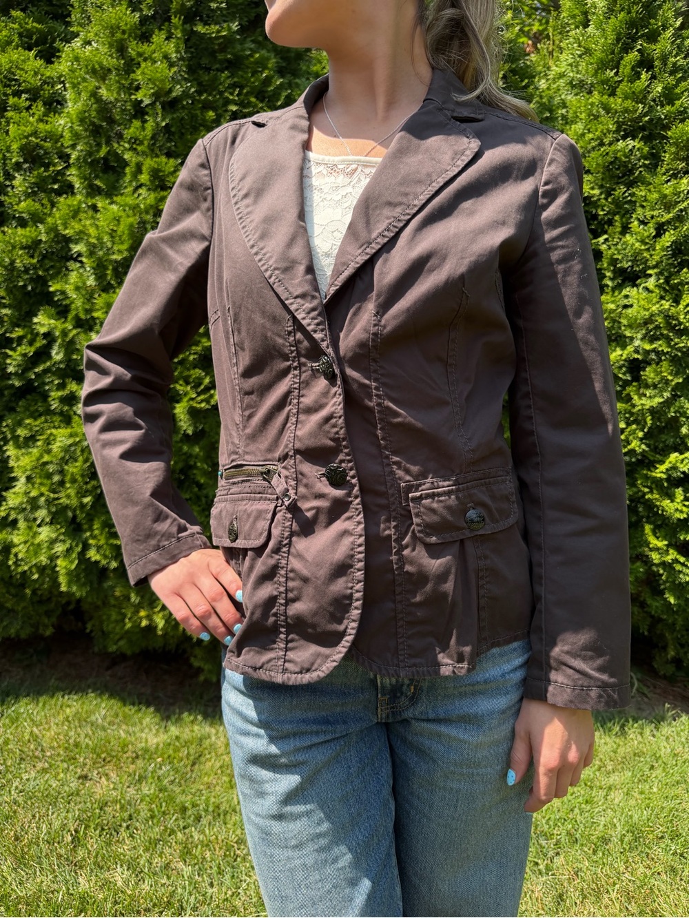 Women’s Y2K Brown Casual Button-Front Blazer Jacket